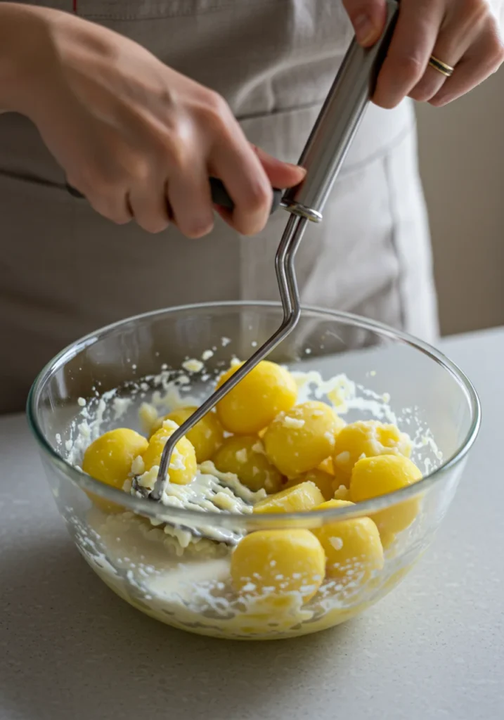 Batatas cozidas sendo amassadas com manteiga e leite na cozinha.