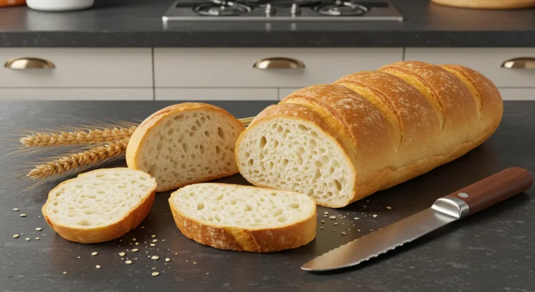 Imagem realista de pão francês caseiro com crosta dourada em bancada moderna, representando a receita de pão francês: Crocante e Delicioso