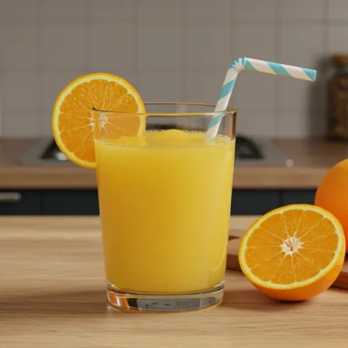 Copo de suco natural de laranja feito em casa em uma bancada de cozinha moderna, decorado com uma fatia de laranja.