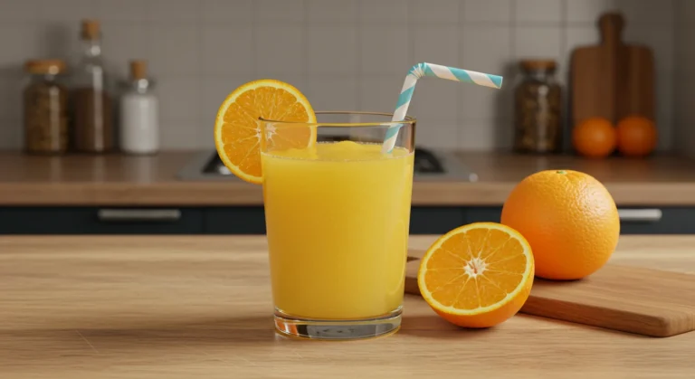 Copo de suco natural de laranja feito em casa em uma bancada de cozinha moderna, decorado com uma fatia de laranja.