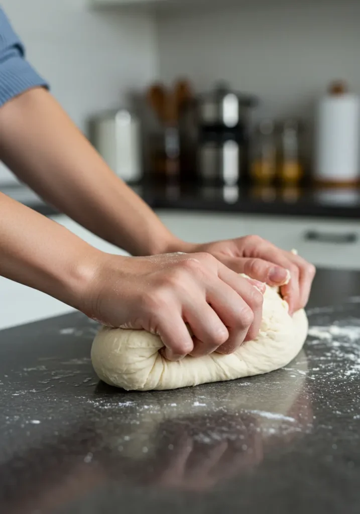 mãos sovando a massa de pão francês caseiro em bancada moderna, evidenciando a receita de pão francês: Crocante e Delicioso