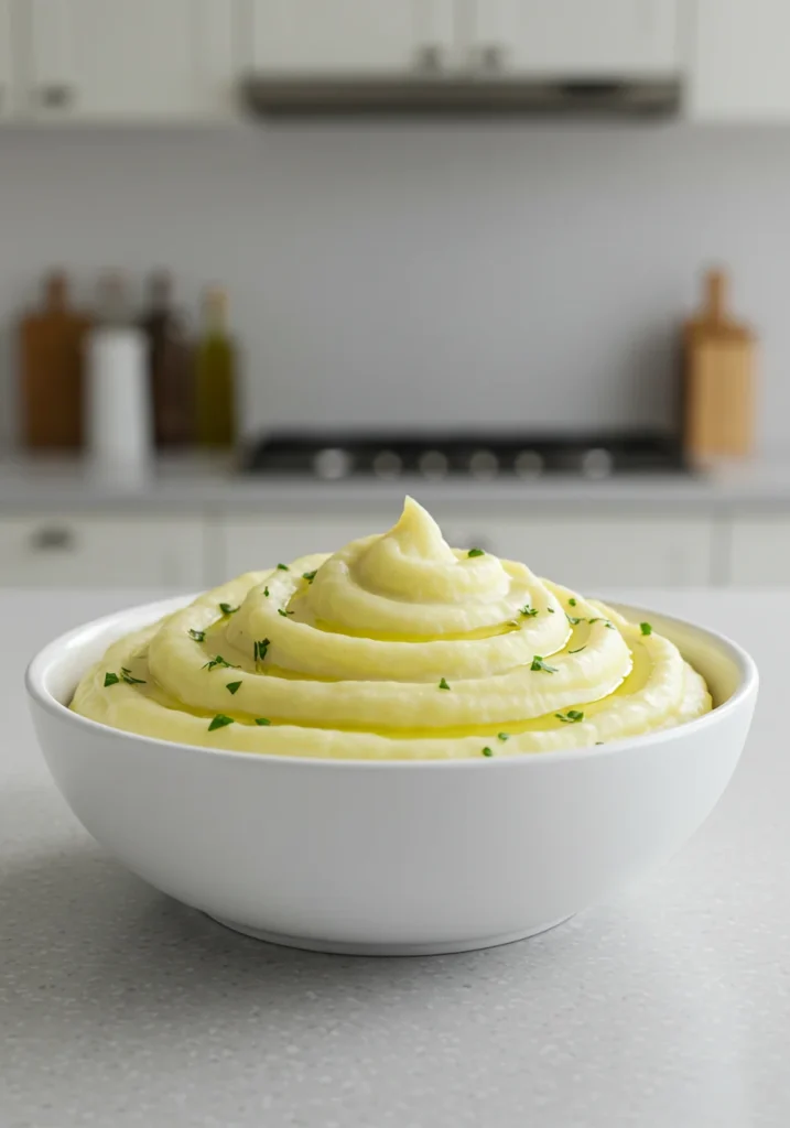 Purê de batata macio e cremoso servido em uma tigela branca na cozinha.