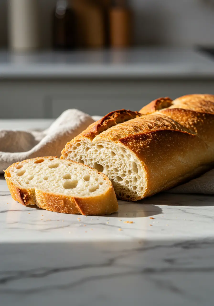 pão francês caseiro servido em bancada moderna, evidenciando a receita de pão francês: Crocante e Delicioso