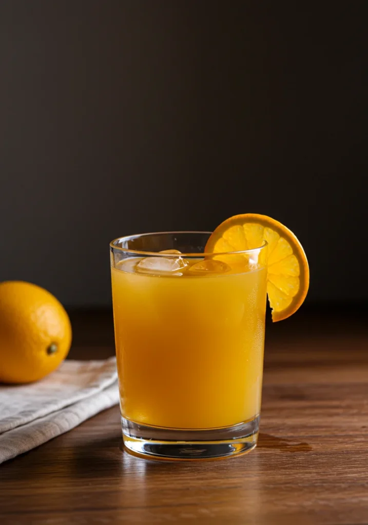 Apresentação elegante de um copo de suco natural de laranja em uma mesa de cozinha moderna, com gelo e um toque cítrico decorativo.