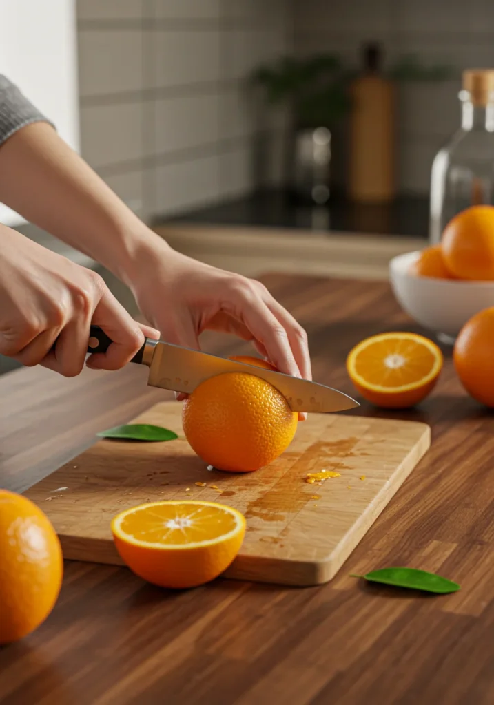 Mãos cortando laranjas frescas ao meio em uma bancada de cozinha de madeira para preparar suco natural de laranja.