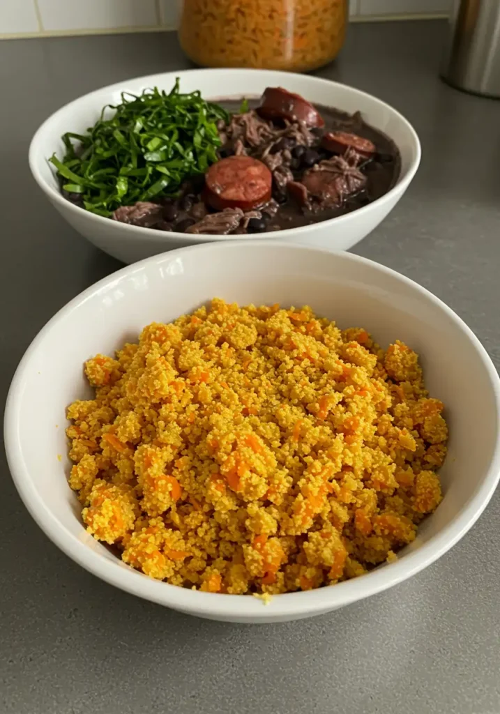 tigela de farofa de cenoura dourada ao lado de feijoada brasileira com feijão preto, carne desfiada e linguiça, servidas sobre uma bancada de cozinha.