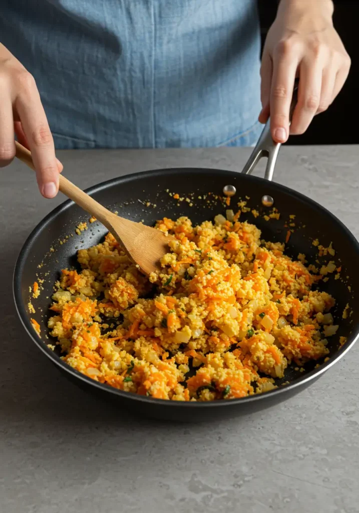 Pessoa mexendo farofa de cenoura em uma frigideira sobre uma bancada de cozinha.