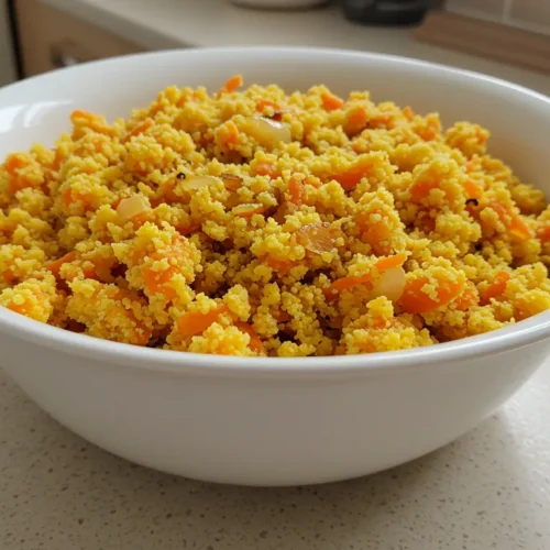 Tigela de farofa de cenoura crocante servida sobre uma bancada de cozinha.