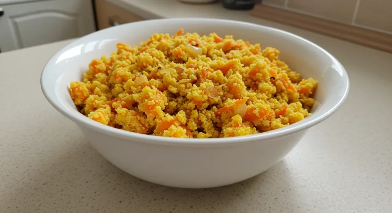 Tigela de farofa de cenoura crocante servida sobre uma bancada de cozinha.