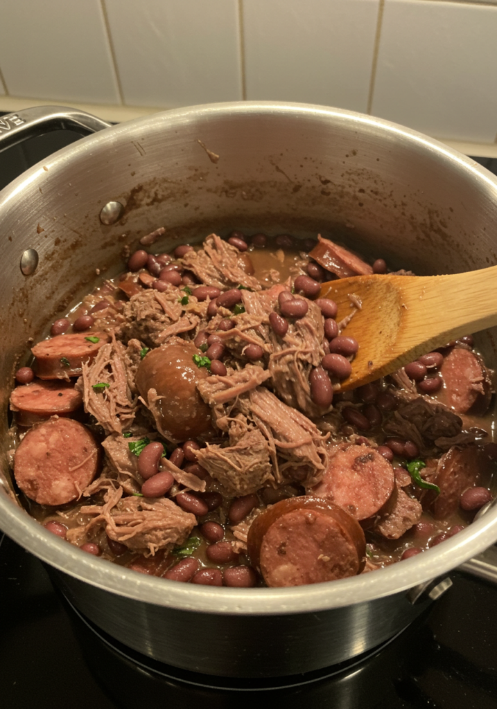 Pessoa mexendo uma panela de feijoada simples na bancada da cozinha, com feijão preto e carnes visíveis no caldo.