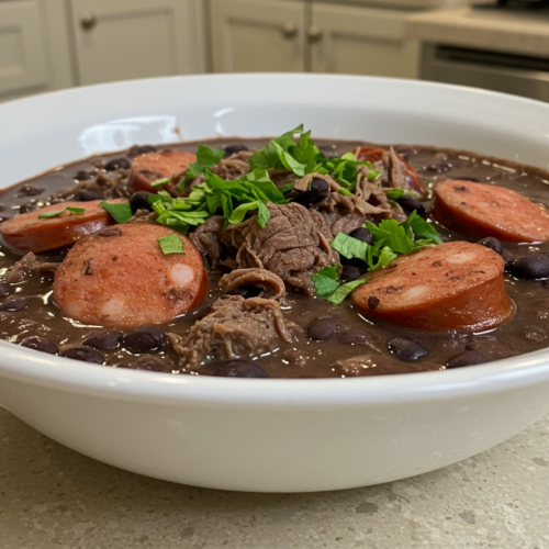 Tigela de feijoada simples com feijão preto, carne desfiada e linguiça de frango, servida sobre uma bancada de cozinha.