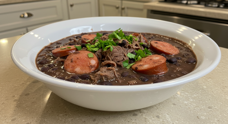 Tigela de feijoada simples com feijão preto, carne desfiada e linguiça de frango, servida sobre uma bancada de cozinha.