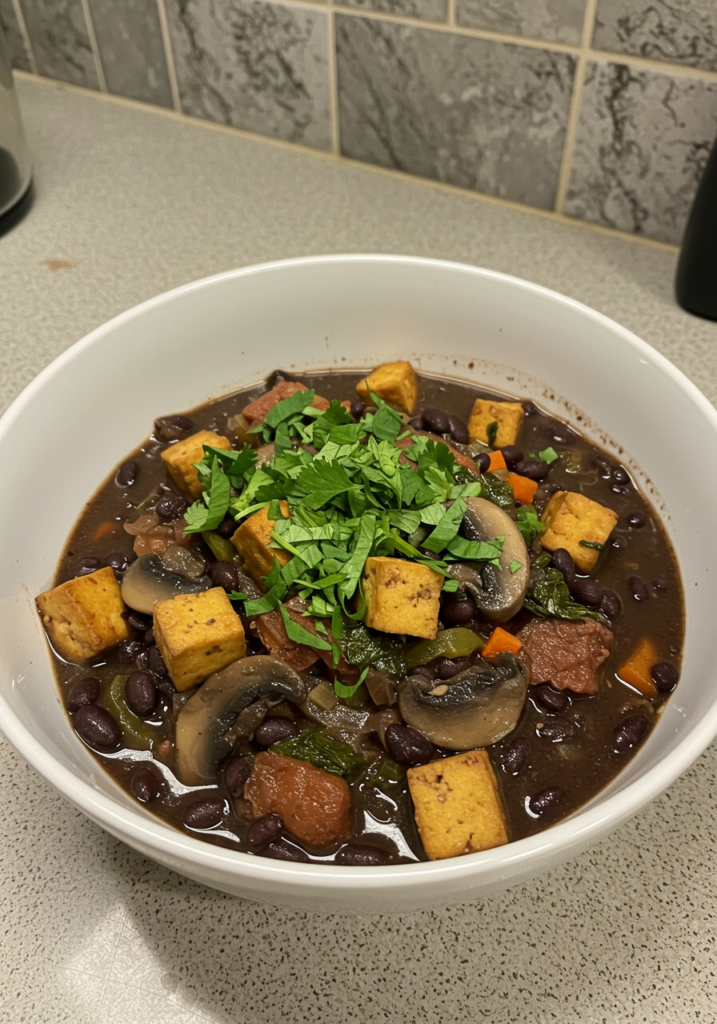 Feijoada vegetariana com feijão preto, cogumelos e tofu servida em uma tigela branca sobre uma bancada de cozinha.