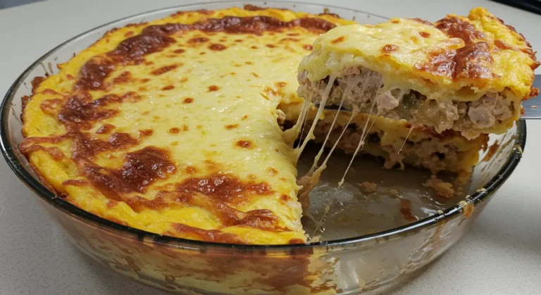 Lasanha de frango super cremosa parcialmente cortada, com queijo derretido se esticando da fatia, servida em uma travessa de vidro sobre uma bancada de cozinha.