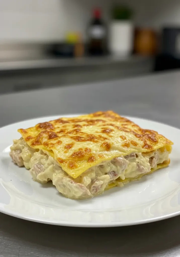 Porção de lasanha de frango super cremosa servida em um prato branco sobre uma bancada de cozinha.