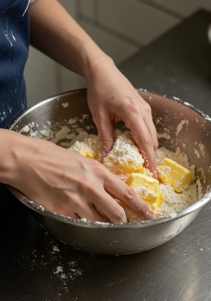 Mãos misturando farinha e manteiga para preparar a massa do empadão de camarão.