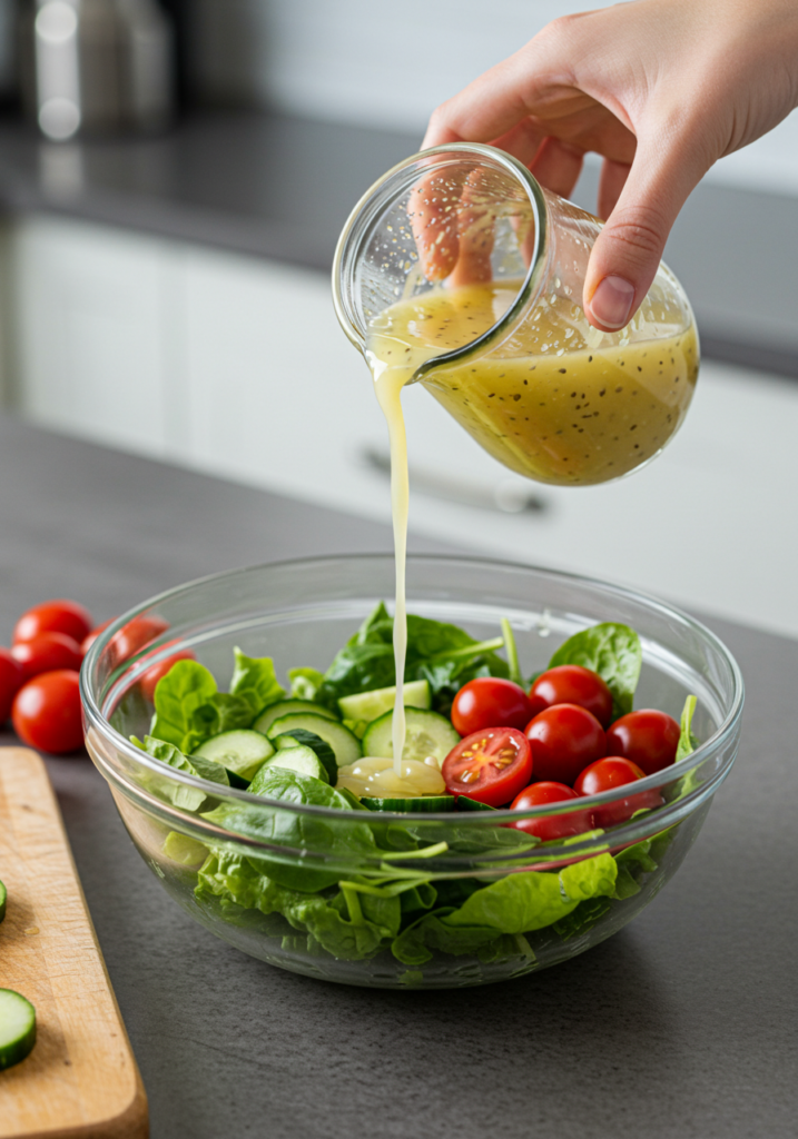 Mão despejando molho caseiro sobre uma salada verde fresca em uma tigela de vidro.