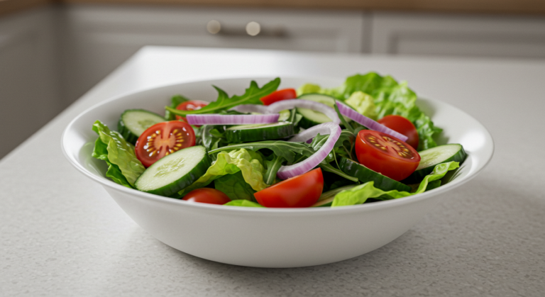 Salada verde fresca e colorida com alface, rúcula, tomate-cereja e queijo feta servida em um prato branco.