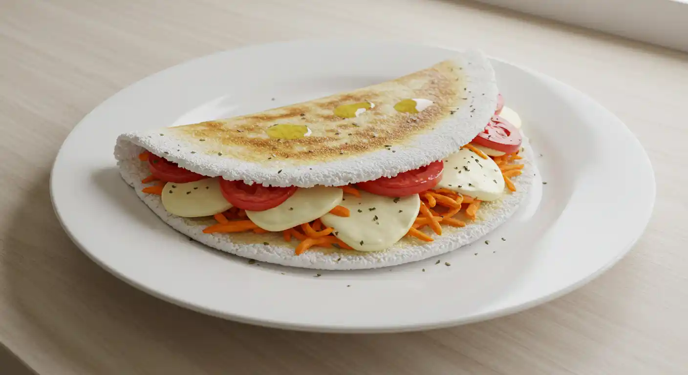 Tapioca recheada com queijo, tomate e cenoura em prato branco