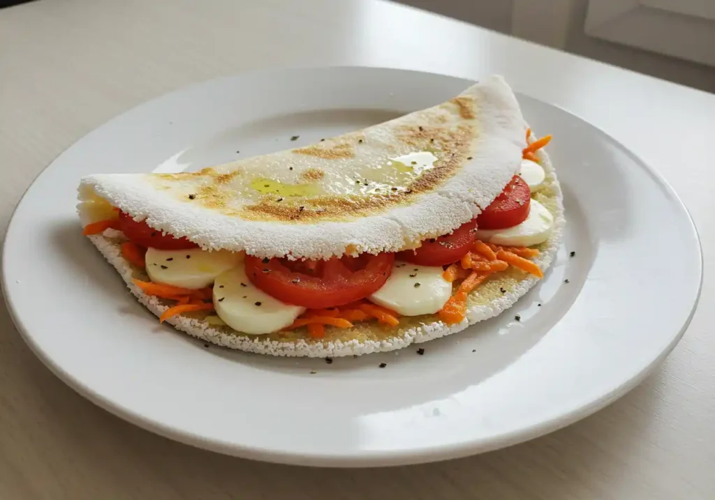 Tapioca Recheada com queijo, tomate e cenoura servida em prato branco