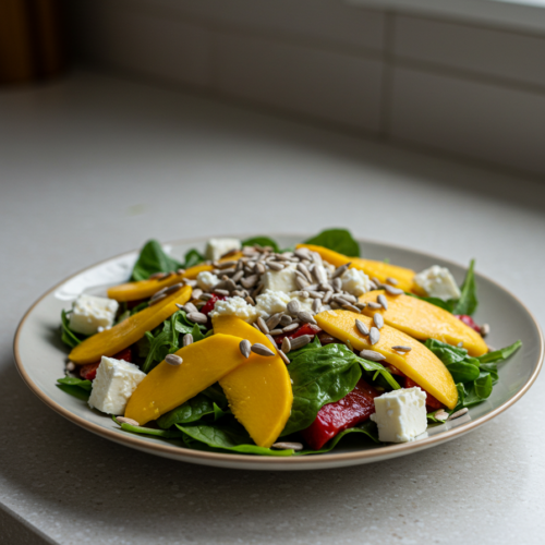 Diferentes variações de salada verde com frutas, queijos e grãos em pratos coloridos.