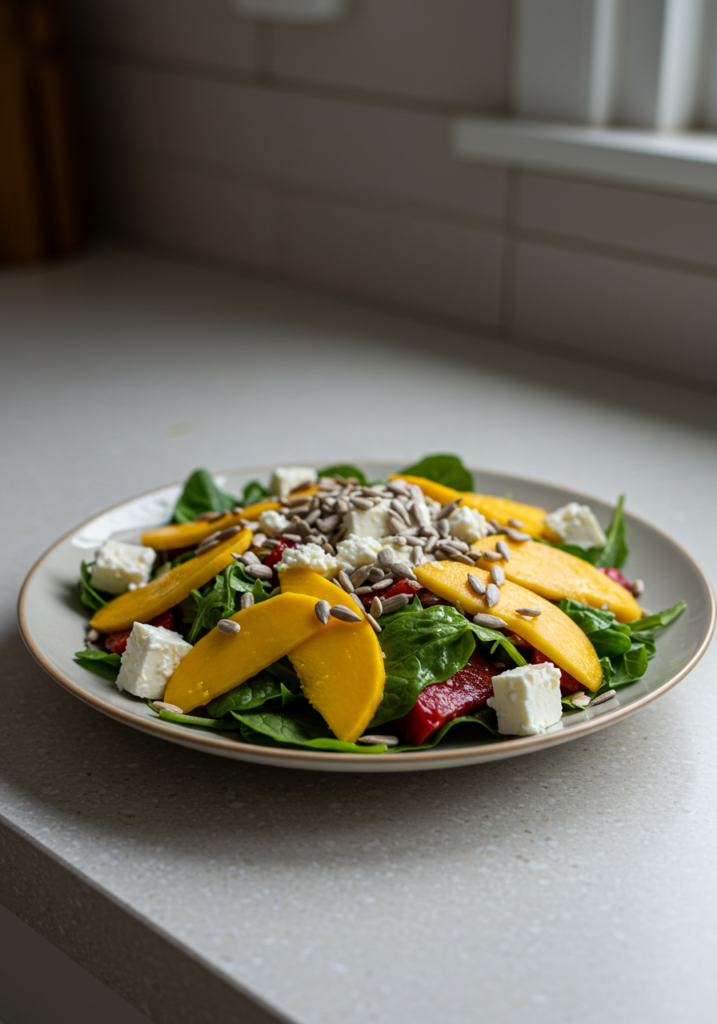 Diferentes variações de salada verde com frutas, queijos e grãos em pratos coloridos.