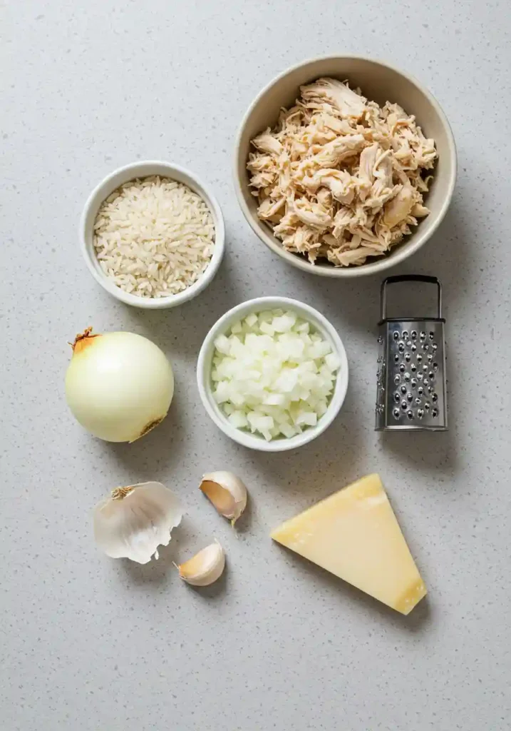 ingredientes do risoto de frango cremoso dispostos na bancada de quartzo