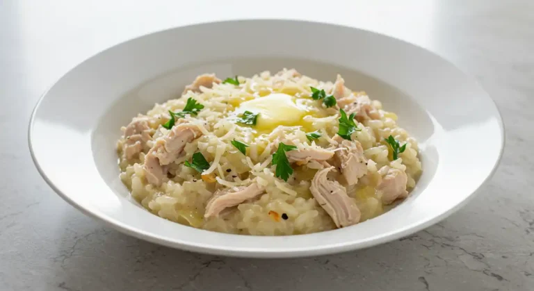 tigela de risoto de frango cremoso em bancada de quartzo
