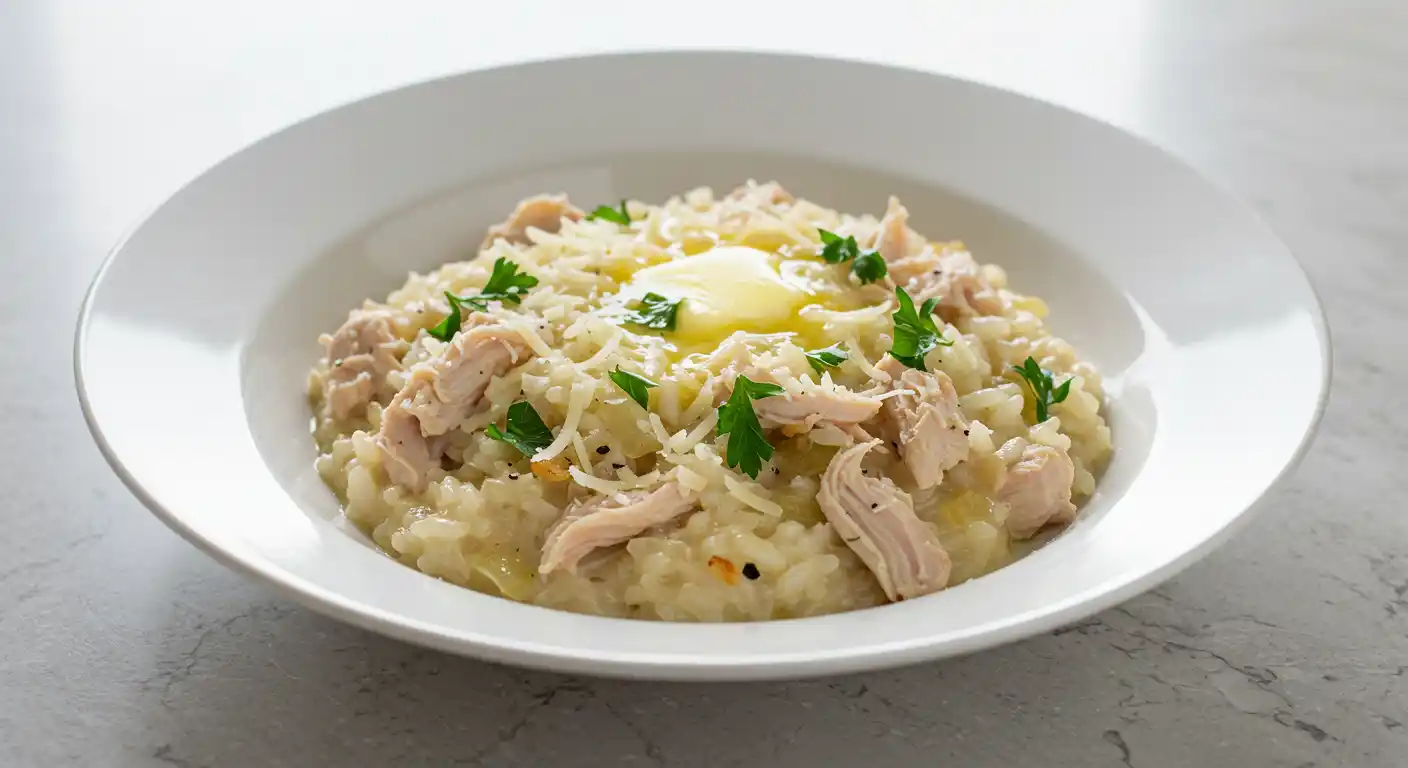 tigela de risoto de frango cremoso em bancada de quartzo