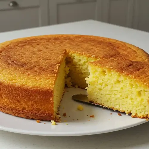 Bolo de espiga de milho recém-assado em prato branco sobre bancada de cozinha moderna