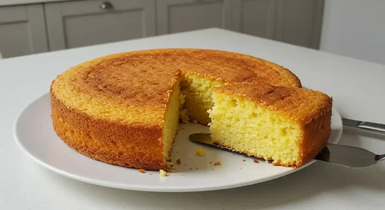 Bolo de espiga de milho recém-assado em prato branco sobre bancada de cozinha moderna