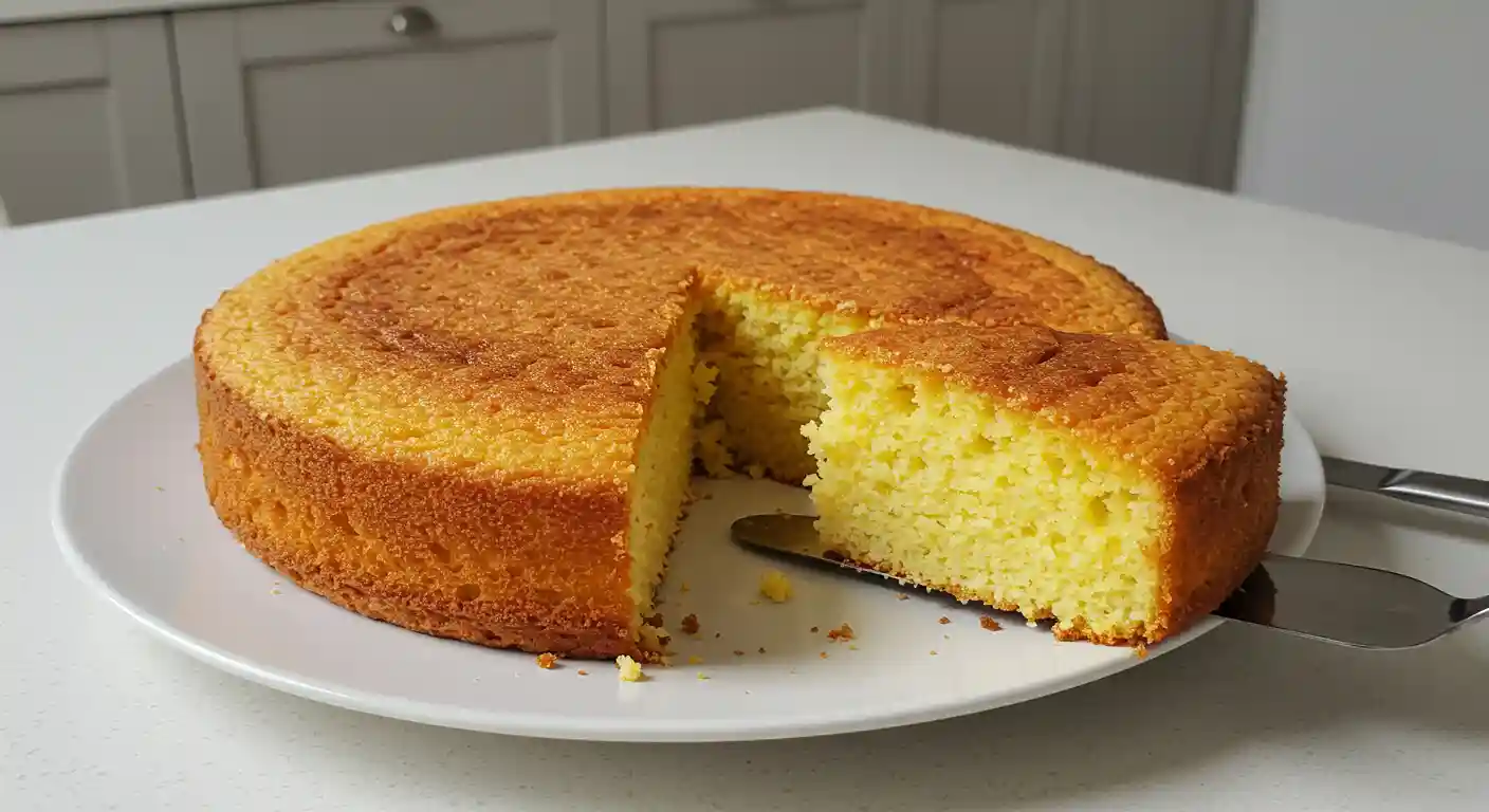 Bolo de espiga de milho recém-assado em prato branco sobre bancada de cozinha moderna