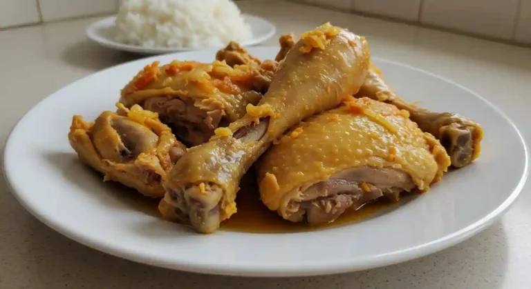 Home-cooked dorso de frango served in a white bowl on a kitchen countertop