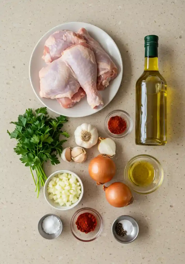 Ingredientes para dorso de frango cozido organizados em bancada de granito