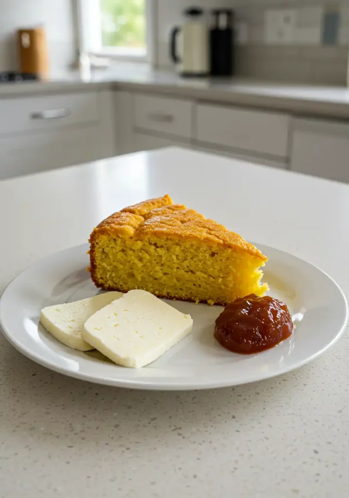 Fatia de bolo de espiga de milho com queijo minas e goiabada
