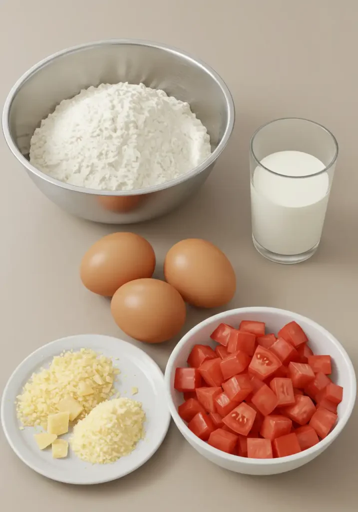 Ingredientes frescos para torta de frango: leite, farinha de trigo, peito de frango e tomate picado.